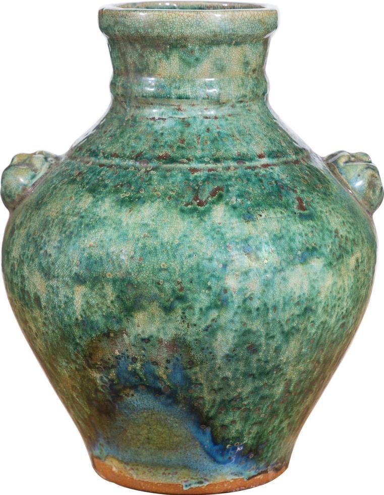 Chinoiserie Style Double Lion Handle Ceramic Jar Speckled Green (1 of 3)