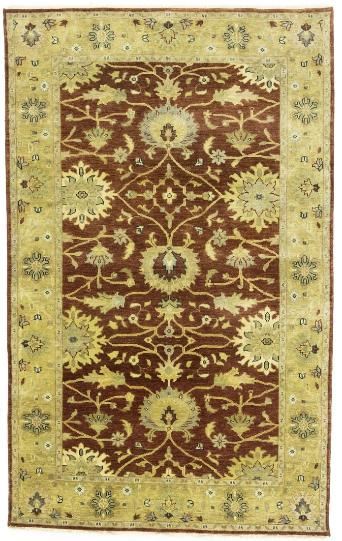 Rust Oushak Chobi Hand-Knotted Floral Wool Rug 4'11 x 7'11: Rust Oushak Chobi Hand-Knotted Floral Wool Rug 4'11 x 7'11 Enhance your living space with this exquisite Rust Oushak Chobi Hand-Knotted Wool Rug, featuring a stunning floral design. Measuring 4'11" x