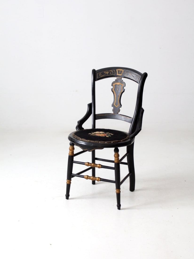 Antique Hitchcock Style Accent Chair with Floral Needlepoint Seat (1 of 13)