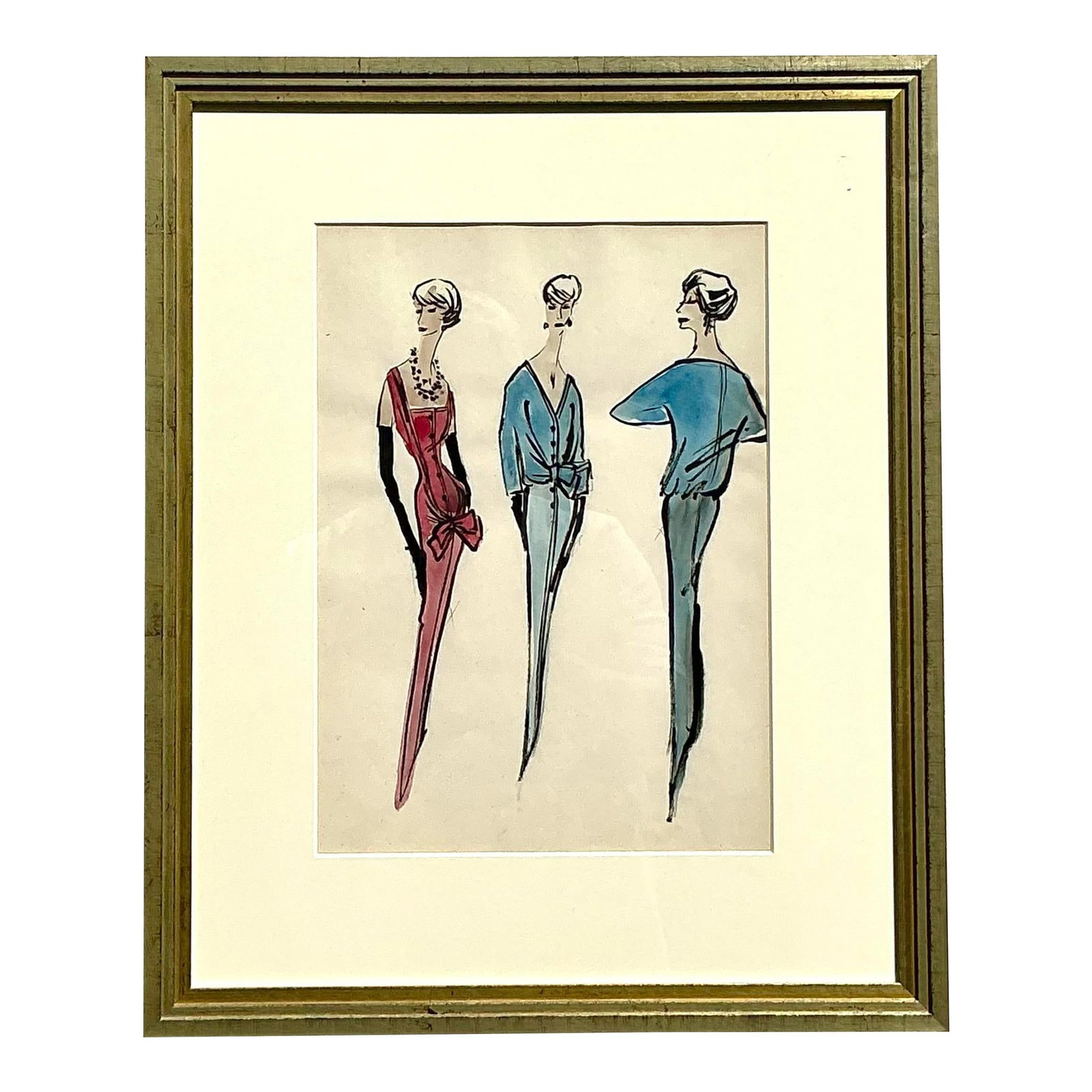 Vintage Jacques Fath Fashion Sketch Gilt Frame 1950s Art: Vintage Jacques Fath Fashion Sketch Gilt Frame 1950s Art Embrace the timeless elegance of haute couture with this original fashion sketch attributed to Jacques Fath, circa 1950. This stunning illustra