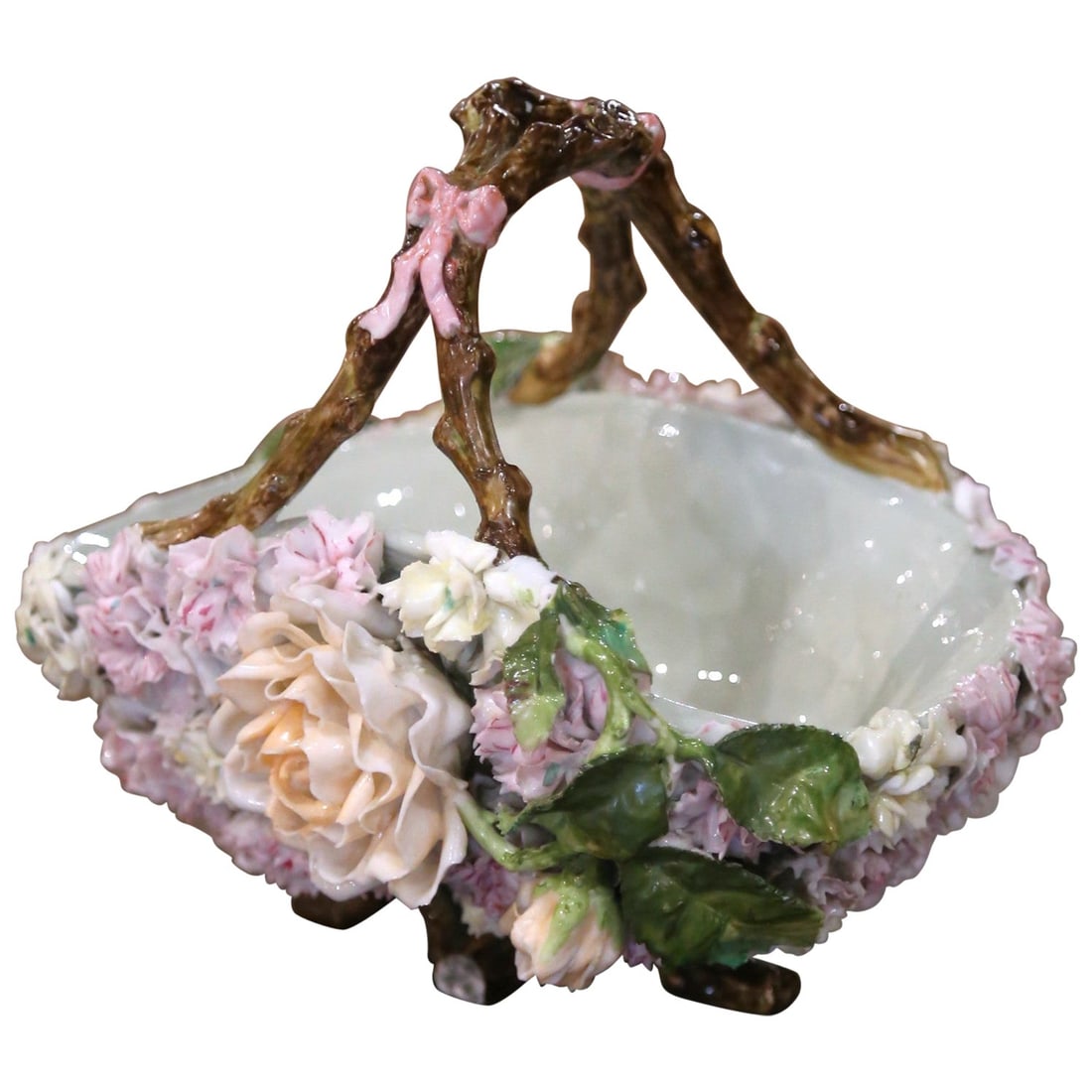 19th Century French Barbotine Porcelain Flower Basket with Twig Handle (1 of 8)