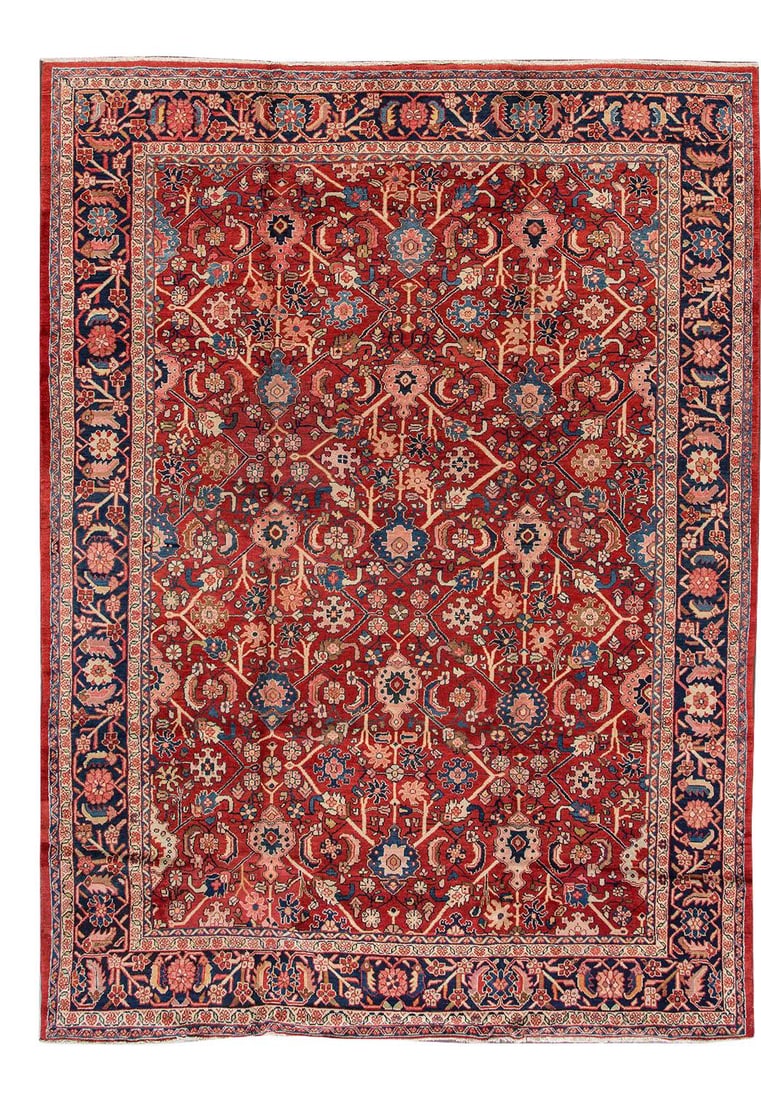 Exquisite 20th Century Mahal Hand-Knotted Wool Rug Red Geometric Design 9'9 x 13'1: Exquisite 20th Century Mahal Hand-Knotted Wool Rug Red Geometric Design 9'9 x 13'1 This exquisite vintage 20th Century Antique Mahal Wool Rug showcases a stunning red field adorned with an intricate a