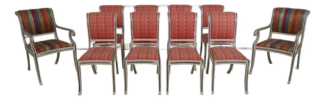 Set of 10 Neoclassical Painted Dining Chairs with Curved Sabre Legs: Set of 10 Neoclassical Painted Dining Chairs with Curved Sabre Legs Enhance your dining experience with this exquisite set of 10 Neoclassical-style dining room chairs, beautifully decorated with fine