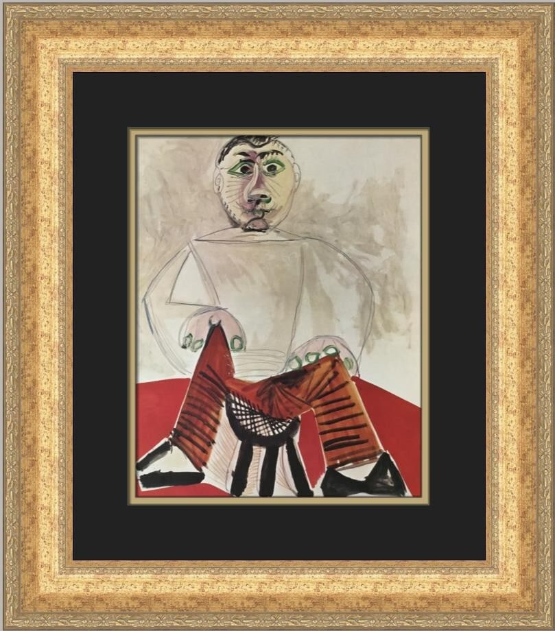 Pablo Picasso A Man Sitting on a Stool Custom Framed Print 1972: Pablo Picasso A Man Sitting on a Stool Custom Framed Print 1972 This exquisite print titled 'A Man Sitting on a Stool' by renowned artist Pablo Picasso captures the essence of expressionism and impres