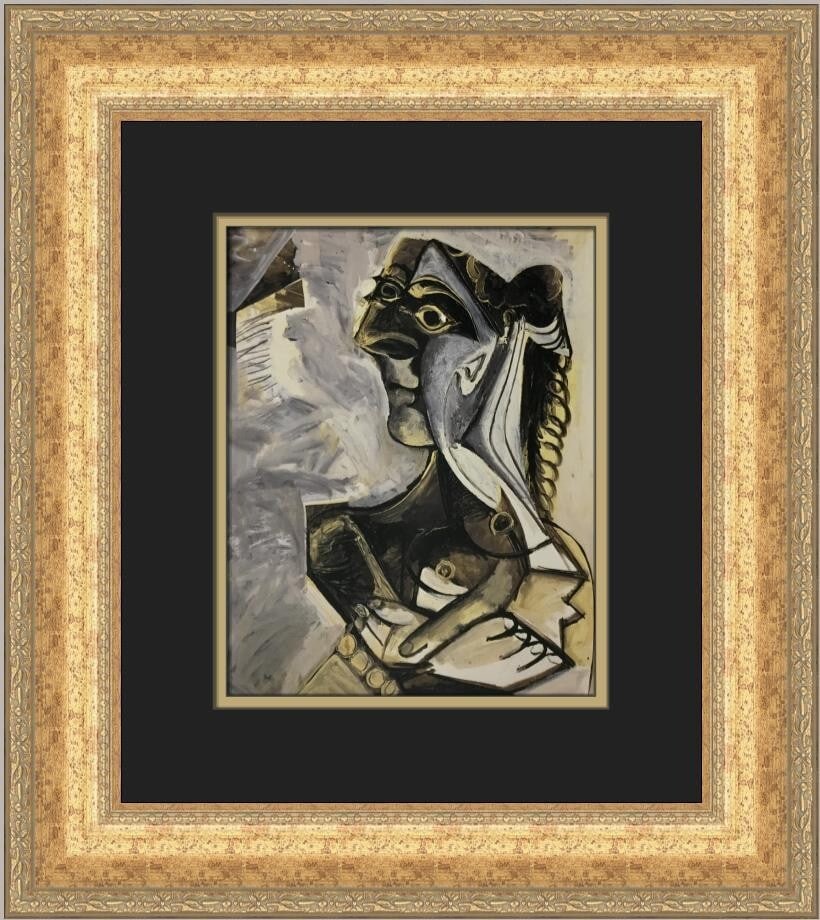 Pablo Picasso Portrait of Jaqueine Seated II Custom Framed Print 1996: Pablo Picasso Portrait of Jaqueine Seated II Custom Framed Print 1996 This exquisite custom framed print by Pablo Picasso features the captivating 'Portrait of Jaqueine Seated II.' Measuring 18 in x