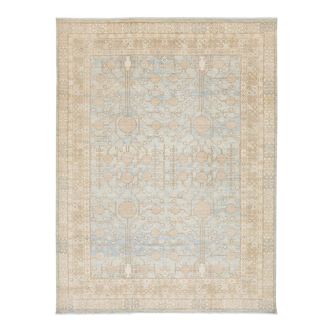 10'5" x 13'9" Wool Area Rug With Pomegranate Tree Motif in Modern Khotan Style: 10'5" x 13'9" Wool Area Rug With Pomegranate Tree Motif in Modern Khotan Style This hand-knotted wool rug features a modern interpretation of the traditional Khotan pomegranate tree design, symbolizin