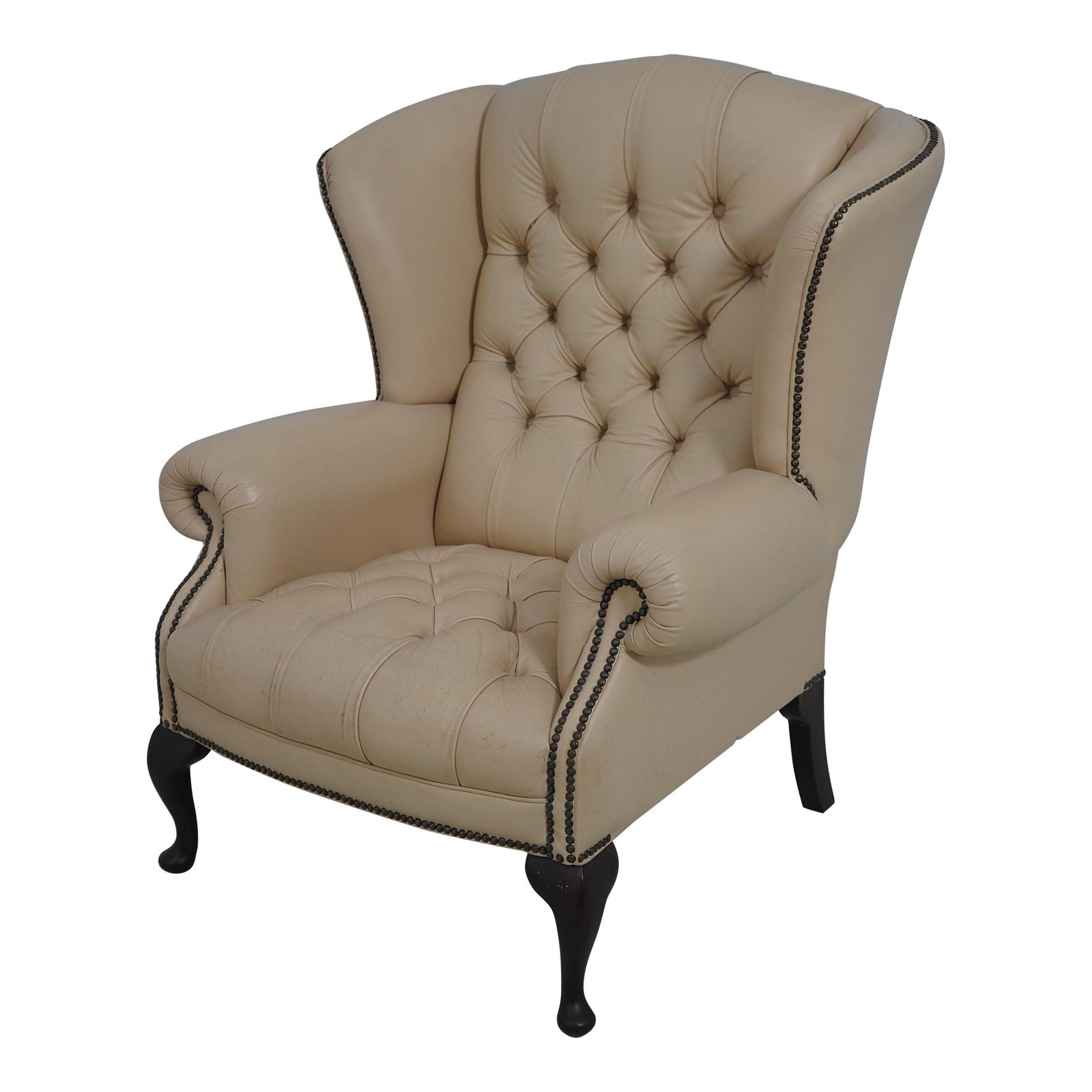Elegant Chesterfield Tufted Cream Leather Wing Chair with Queen Anne Legs (1 of 10)