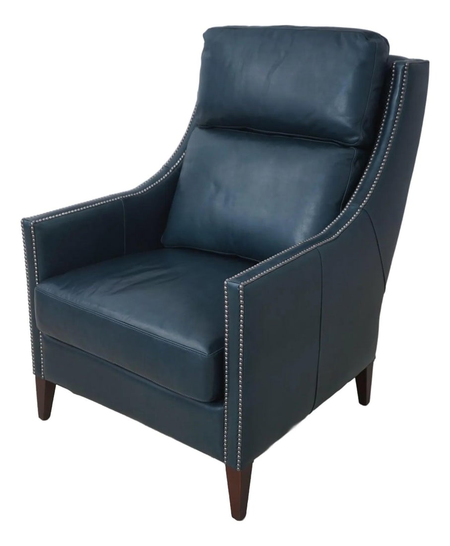 Maitland Smith Model 1082 Blue Leather Chair with Tack Head Trim: Maitland Smith Model 1082 Blue Leather Chair with Tack Head Trim Experience modern elegance with the Maitland Smith Model 1082 Blue Leather Chair. This stunning chair features a sleek design accentuat