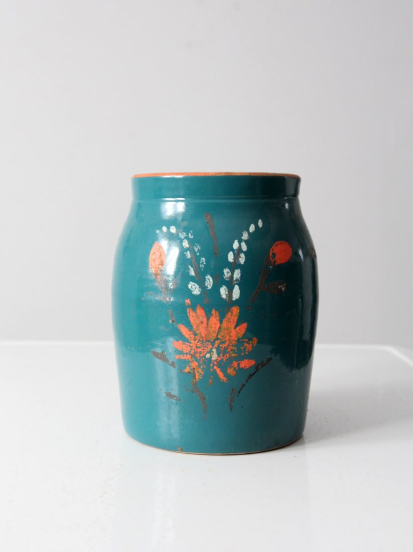 1930s Vintage Hand-Painted Stoneware Cookie Jar Vase Teal Blue (1 of 11)