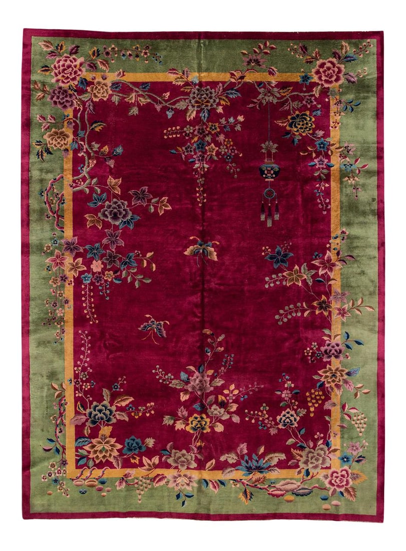 Antique Chinese Art Deco Wool Rug Red Floral Design 10 x 13'4 (1 of 7)