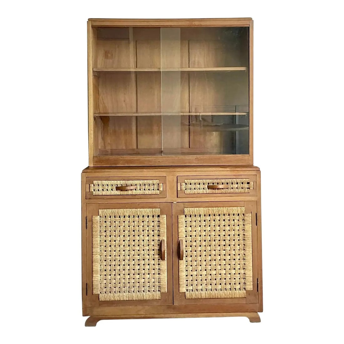 Mid-Century Display Hutch With Woven Rattan Drawer Fronts and Glass Doors: Mid-Century Display Hutch With Woven Rattan Drawer Fronts and Glass Doors This vintage Boho woven rattan cabinet combines organic materials with sleek Mid-Century design. The two-piece cabinet feature