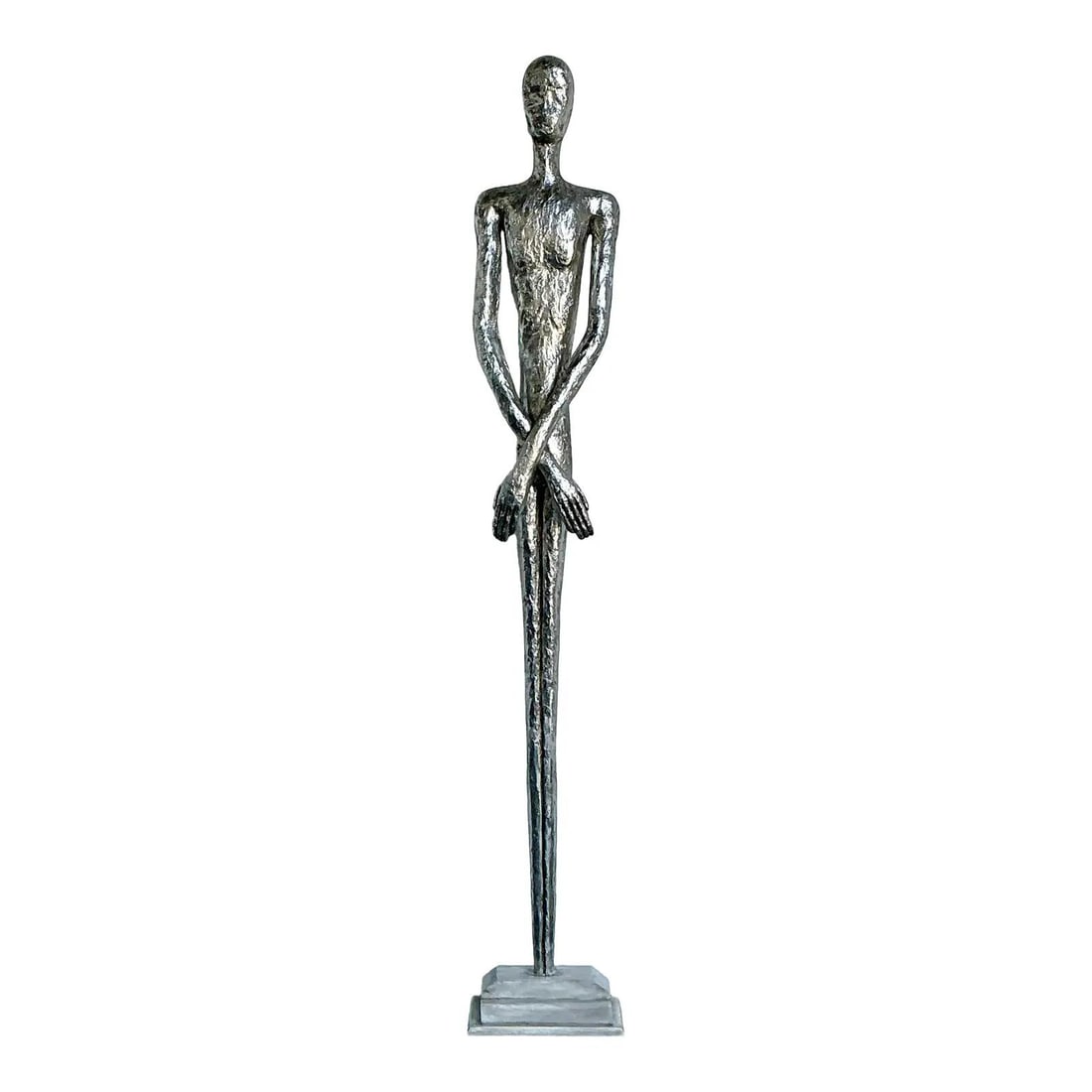 Monumental Mid Century Silver Tone Abstract Figural Sculpture on Tiered Base: Monumental Mid Century Silver Tone Abstract Figural Sculpture on Tiered Base This vintage wall sculpture is a striking example of mid-century abstract expressionism, featuring an elongated figural for