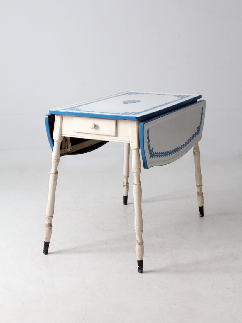 1930s Vintage Drop Leaf Enamel Kitchen Table with Floral Pattern (1 of 18)