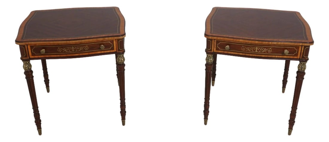 Set of Two French Mahogany Lamp Tables with Brass Inlay Accents (1 of 10)