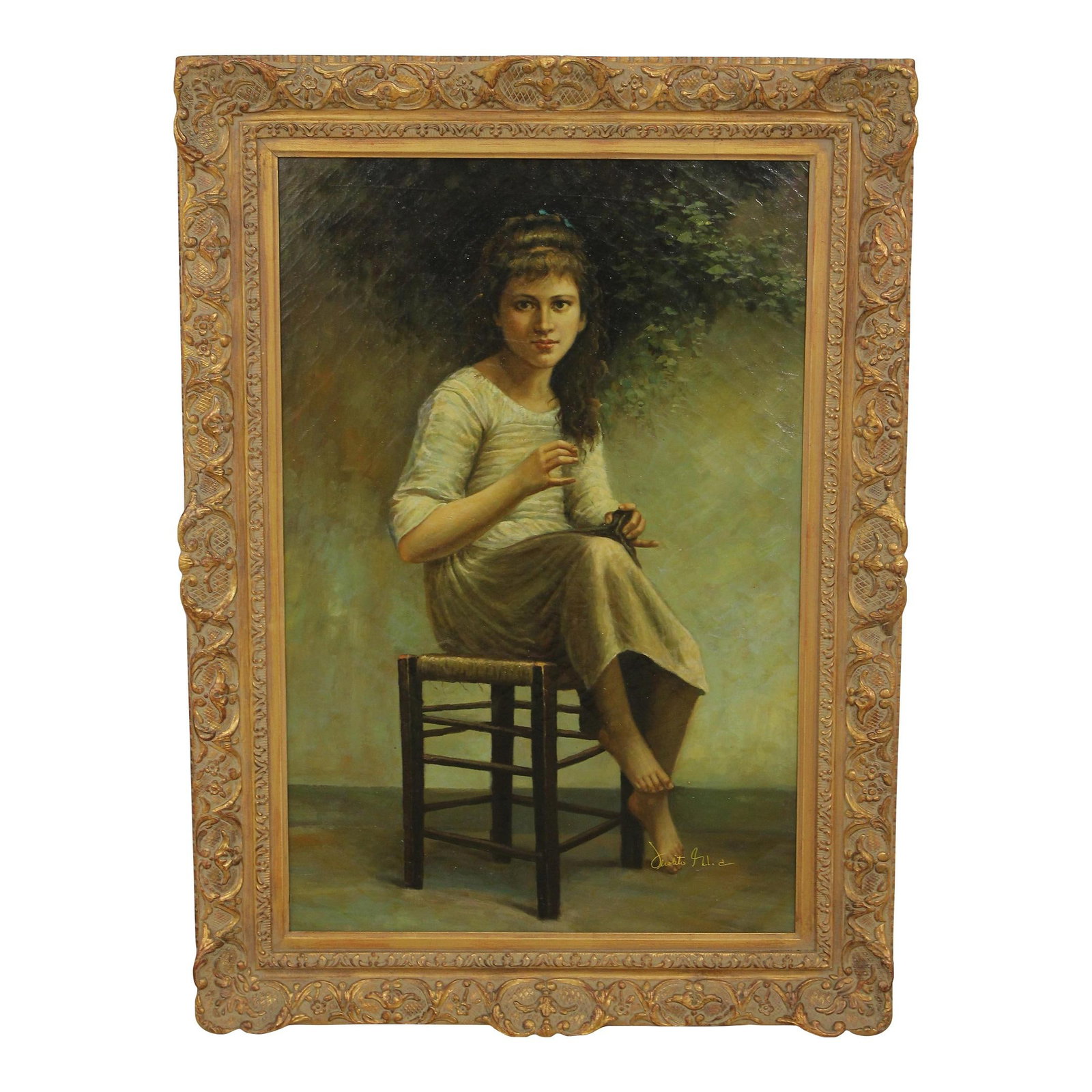 Artist Signed Oil Painting Girl on Stool Vibrant Framed 32 x 43: Artist Signed Oil Painting Girl on Stool Vibrant Framed 32 x 43 This exquisite oil painting on canvas features a captivating depiction of a girl seated on a stool. Signed by the artist, this large art
