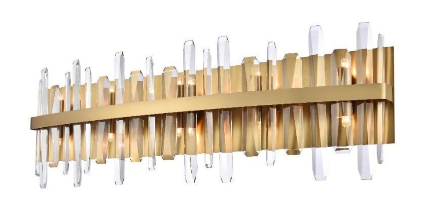 Serena 10-Light Satin Gold Crystal Wall Sconce 36-Inch Modern Design: Serena 10-Light Satin Gold Crystal Wall Sconce 36-Inch Modern Design Illuminate your space with this stunning 10-light modern wall sconce, featuring a luxurious satin gold finish and elegant crystal a