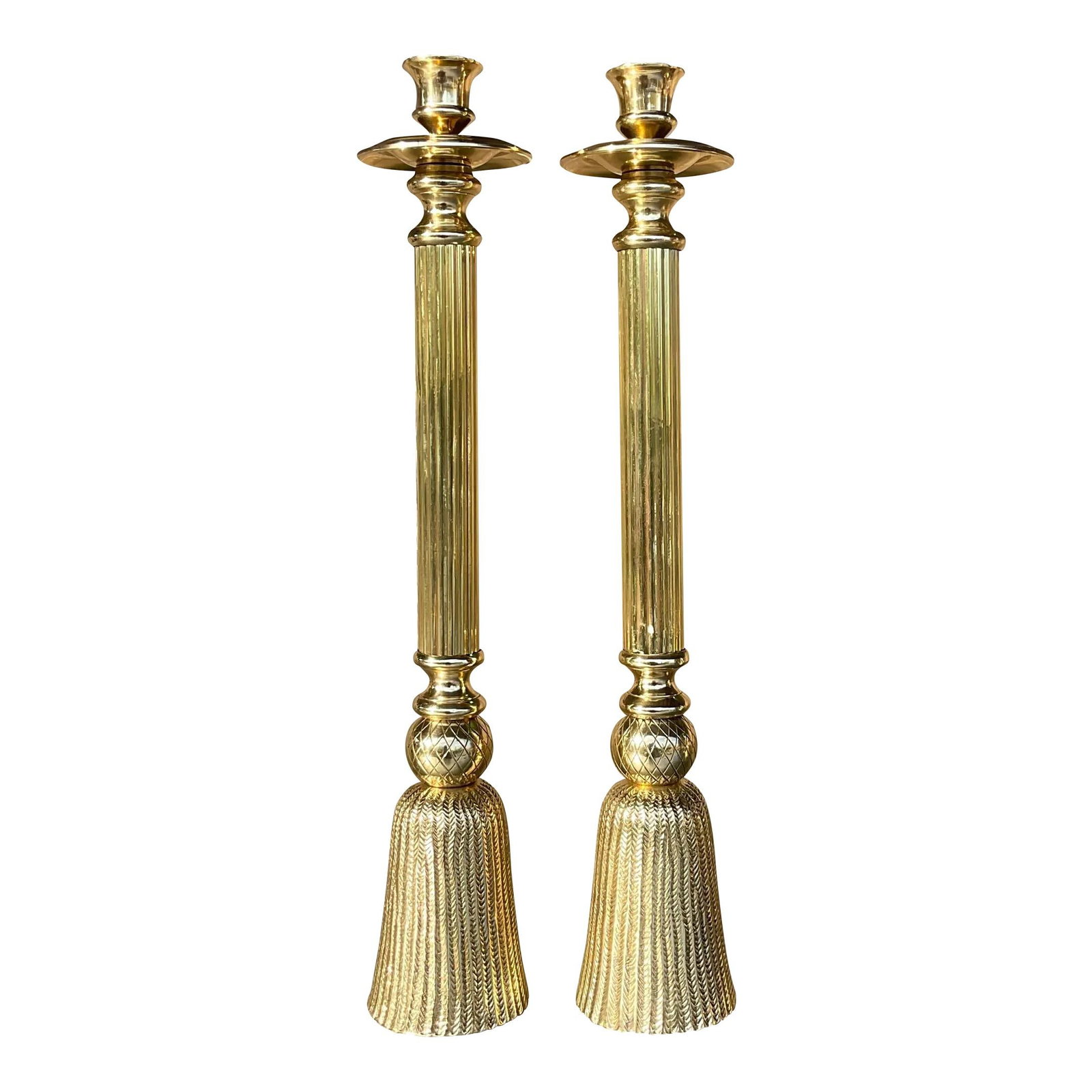 Chic Vintage Regency Brass Tassel Candlesticks Pair 18 Inches (1 of 4)