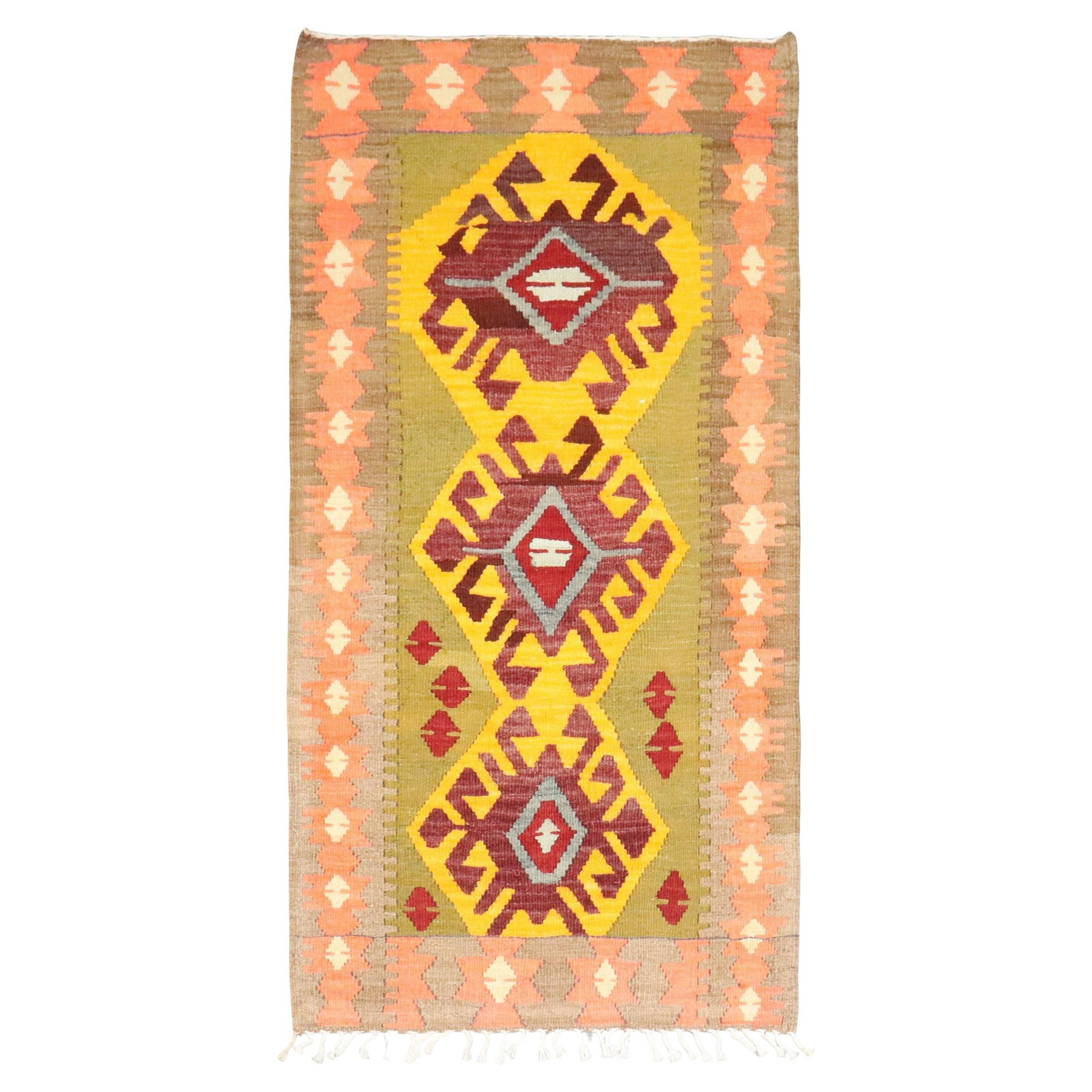 Mid-Century Turkish Wool Kilim Throw Green Yellow 2'3 x 4'2: Mid-Century Turkish Wool Kilim Throw Green Yellow 2'3 x 4'2 Add a touch of vibrancy to your space with this stunning vintage Kilim from the Zabihi Collection. This mid-20th-century Turkish throw featu