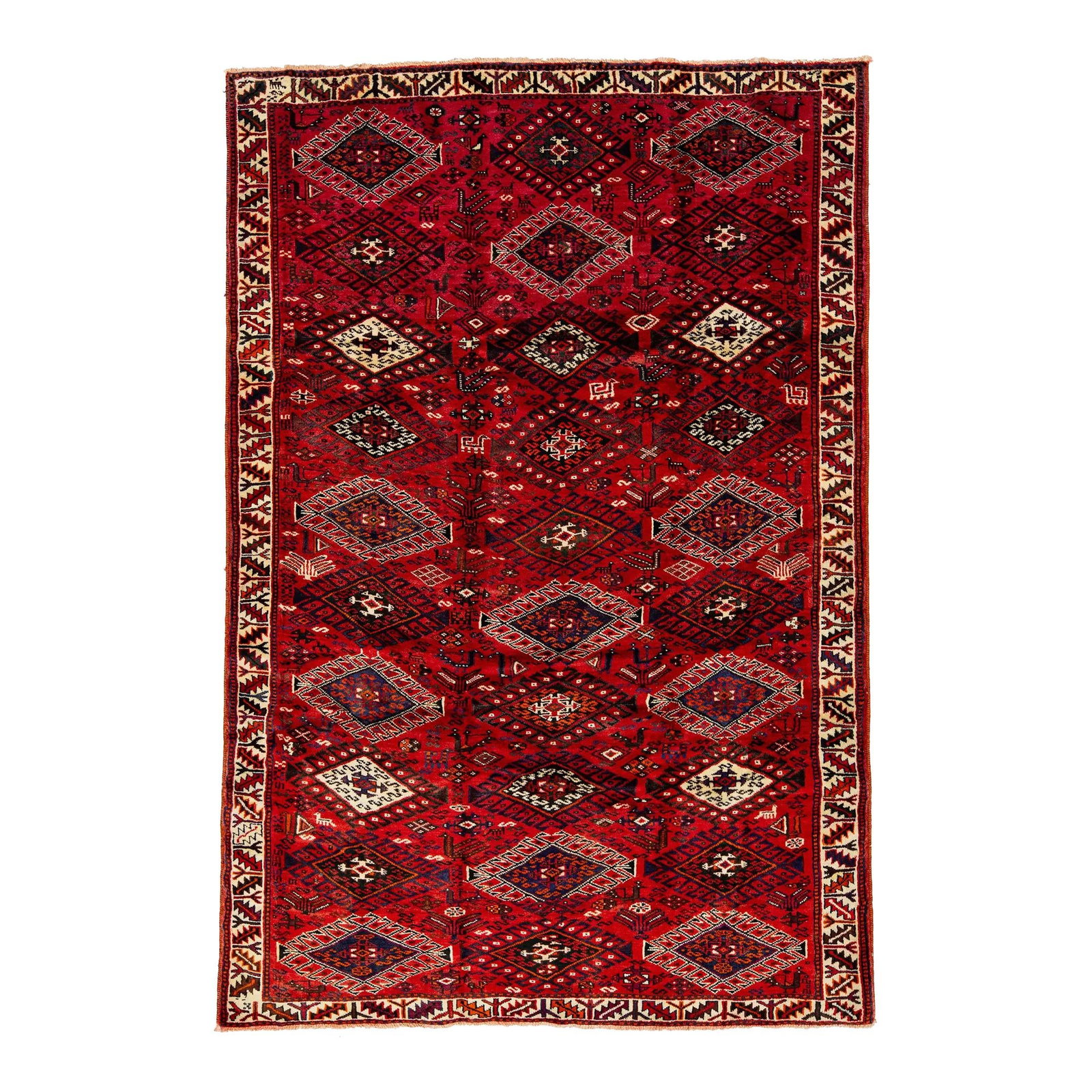 Vintage Persian Shiraz Hand-Knotted Wool Rug 5'10 x 9 Red Geometric Design: Vintage Persian Shiraz Hand-Knotted Wool Rug 5'10 x 9 Red Geometric Design Enhance your space with this stunning Vintage Persian Shiraz handmade wool rug. Featuring a captivating red field, this rug i