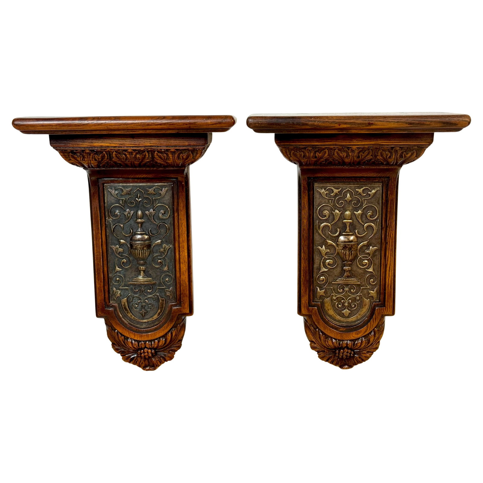 Exquisite Pair of 19th Century English Neoclassical Oak Wall Shelves with Silvered Plaques (1 of 16)