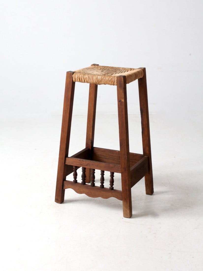 Vintage Shaker-Style Rush Seat Stool Rustic Wood Accent (1 of 10)