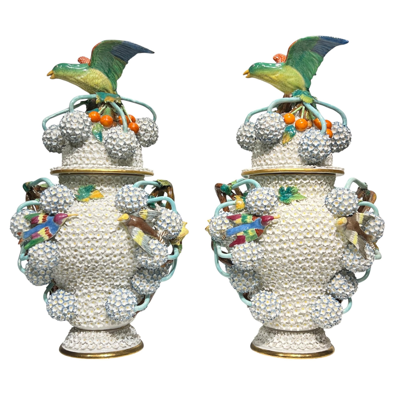Set of Two 19th Century Schneeballen Porcelain Vases from Germany: Set of Two 19th Century Schneeballen Porcelain Vases from Germany This set includes two 19th-century Meissen Schneeballen porcelain vases crafted in the Rococo style. Each vase features intricate gilt