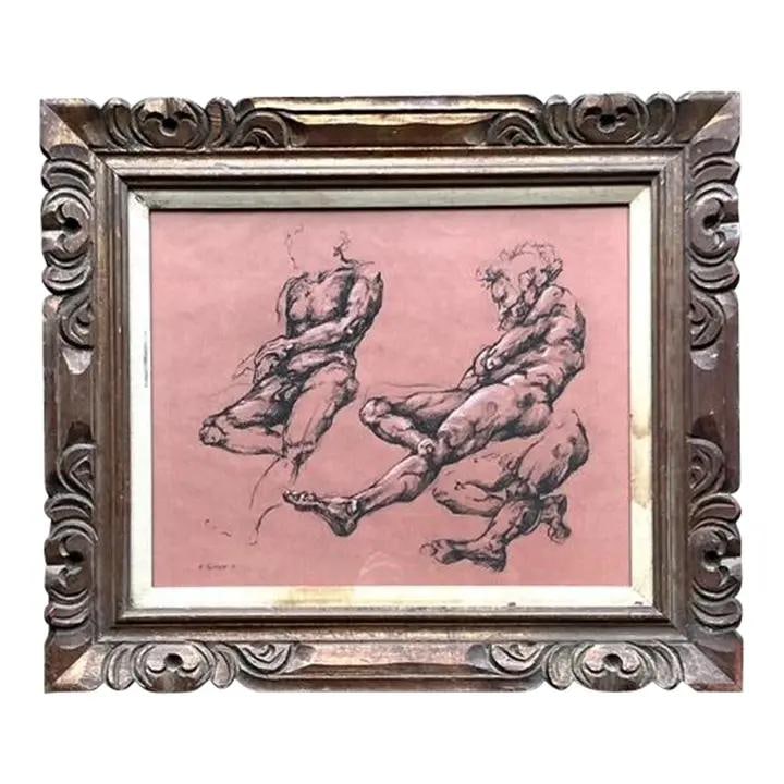 1977 Framed Bohemian Anatomy Study Sketch on Paper: 1977 Framed Bohemian Anatomy Study Sketch on Paper This vintage 1977 anatomy sketch on paper is presented in a richly carved wooden frame, blending scientific illustration with artistic expression. Th