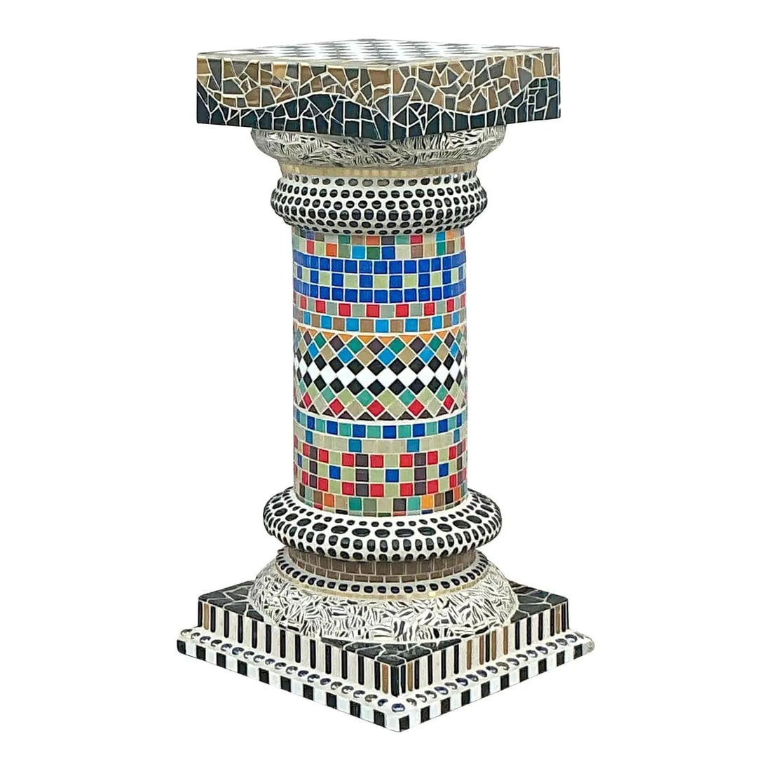 Vintage Boho Glass Mosaic Pedestal 17 x 17 x 36 Ebony: Vintage Boho Glass Mosaic Pedestal 17 x 17 x 36 Ebony Transform your living space with this exquisite Vintage Boho Glass Mosaic Pedestal. Adorned with intricate, colorful glass tiles, it serves as a s