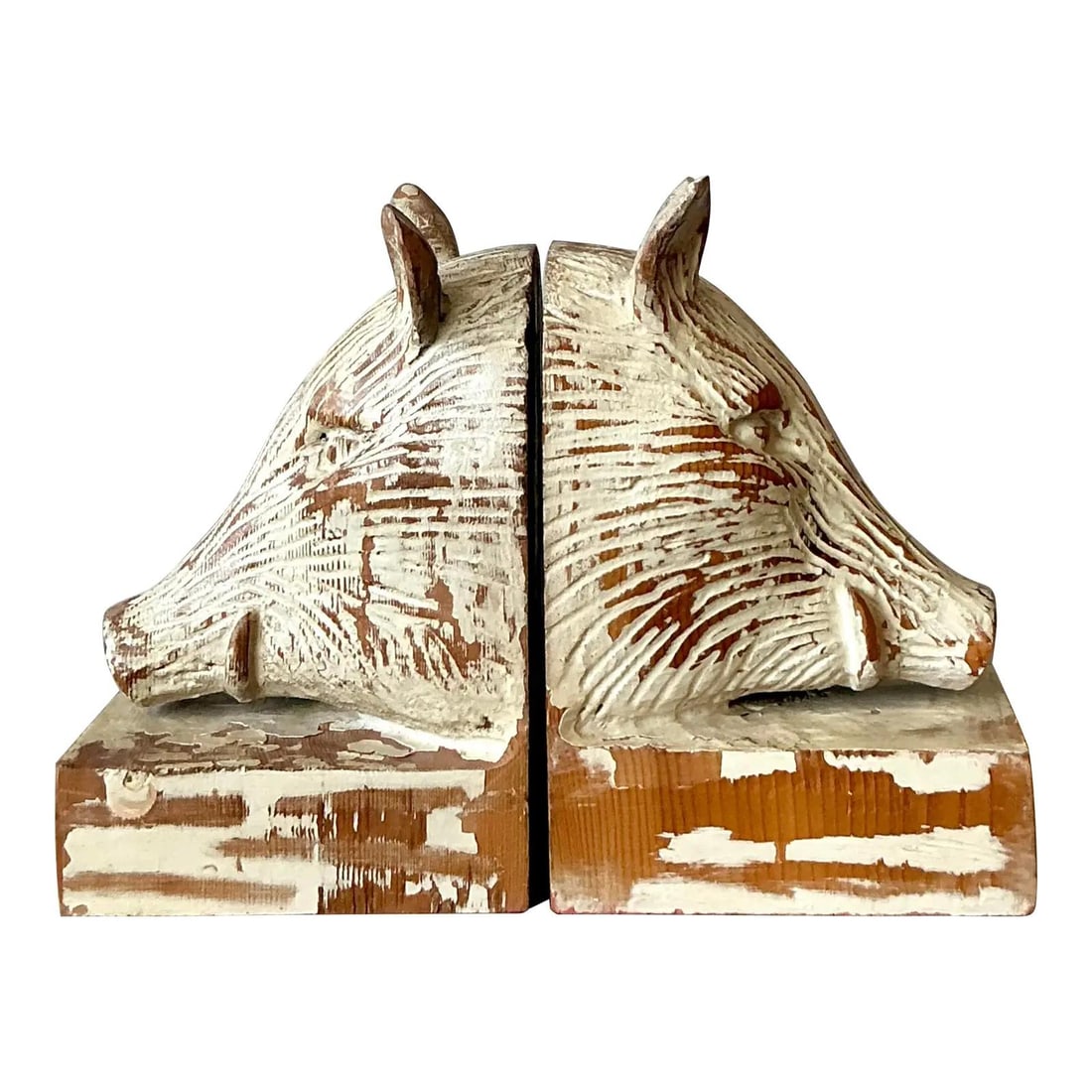 Set of 2 Hand-Carved Wood Boar Head Bookends in Distressed White Finish (1 of 10)