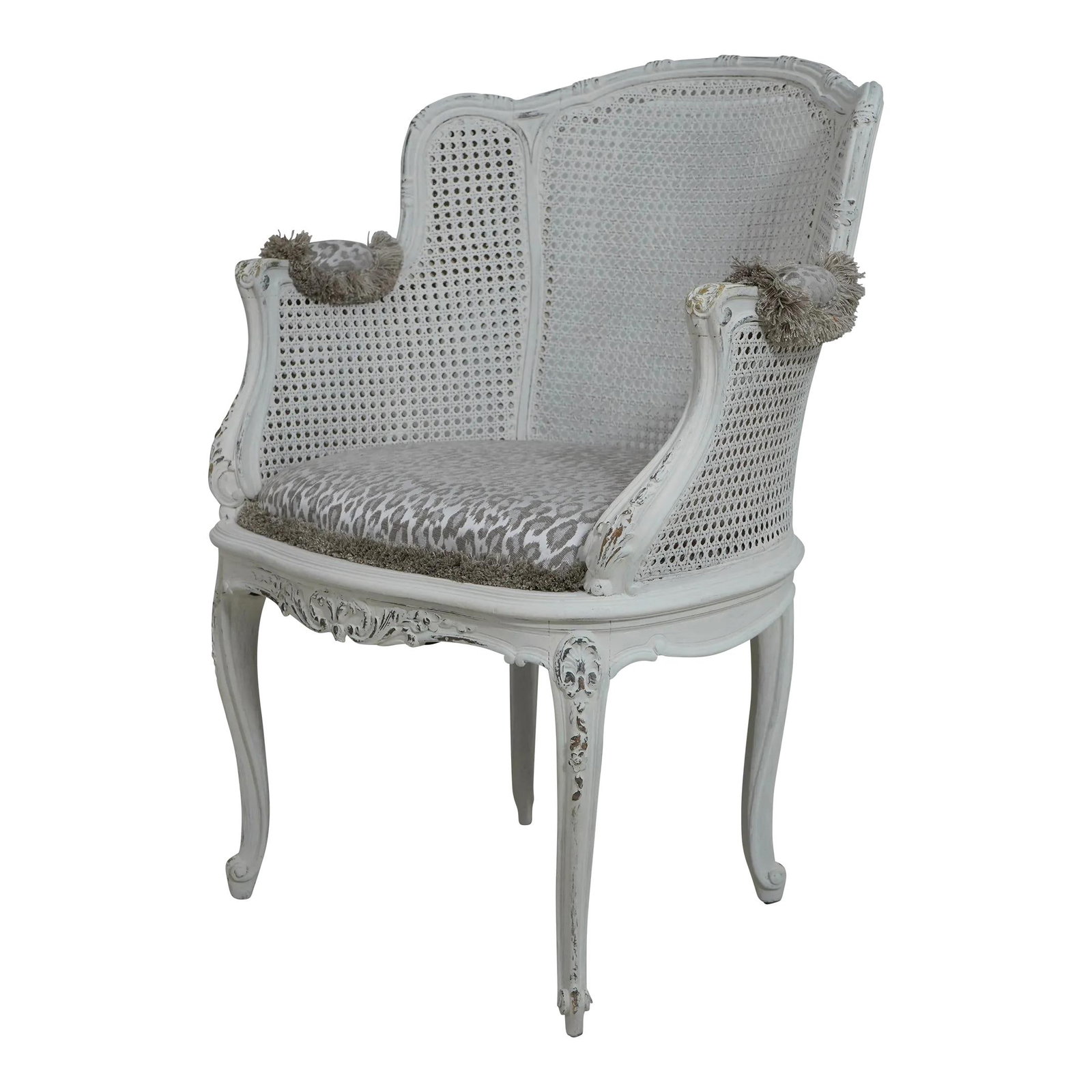 French Cane Back Decorative Armchair Custom White Distressed Finish (1 of 10)