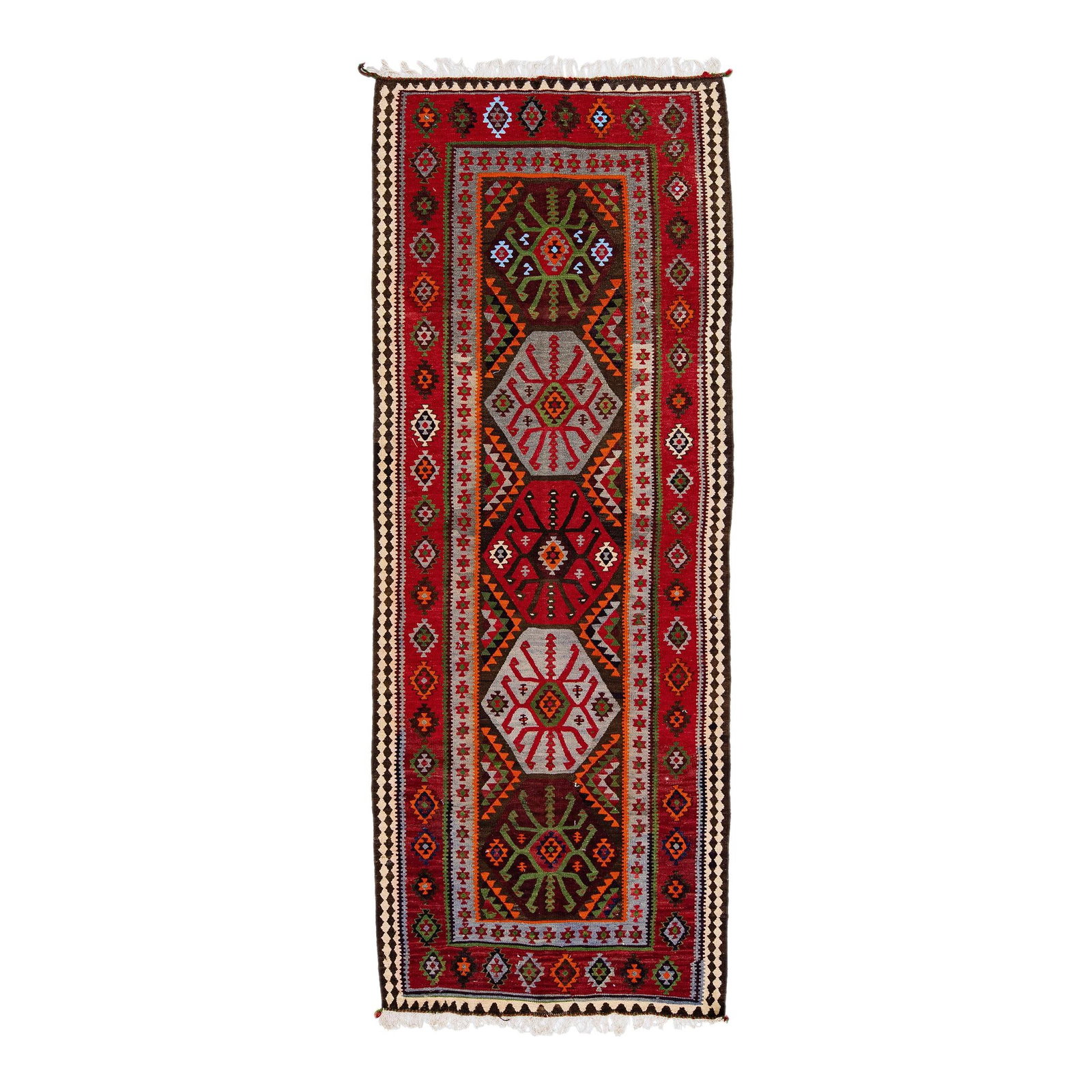 Vintage Turkish Kilim Red Tribal Wool Rug 3'5 x 8'11: Vintage Turkish Kilim Red Tribal Wool Rug 3'5 x 8'11 This stunning vintage Turkish Kilim rug features a vibrant red field and a geometric tribal design, expertly hand-knotted from high-quality wool. T
