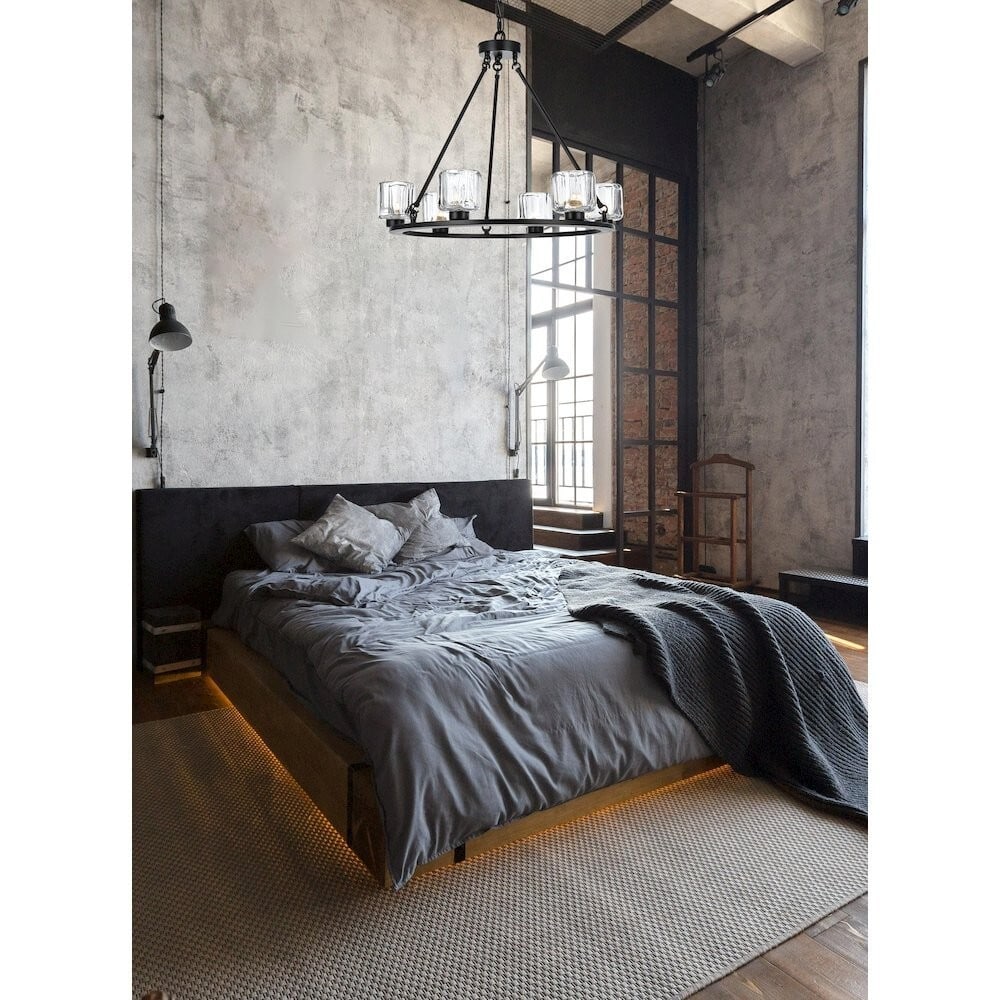 Cadence 6 Light Black Chandelier with Glass Shades 26 Inch: Cadence 6 Light Black Chandelier with Glass Shades 26 Inch Illuminate your space with this stunning Farmhouse Chandelier featuring a classic black finish and six glass shades. Perfect for dining rooms