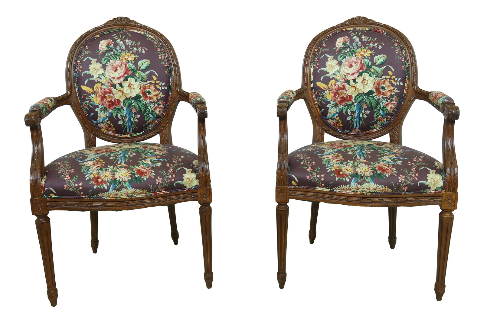 Elegant Pair of Louis XV Style Floral Upholstered Armchairs: Elegant Pair of Louis XV Style Floral Upholstered Armchairs This exquisite pair of French Louis XV Style Armchairs showcases stunning floral upholstery and intricate carved details reminiscent of 18th