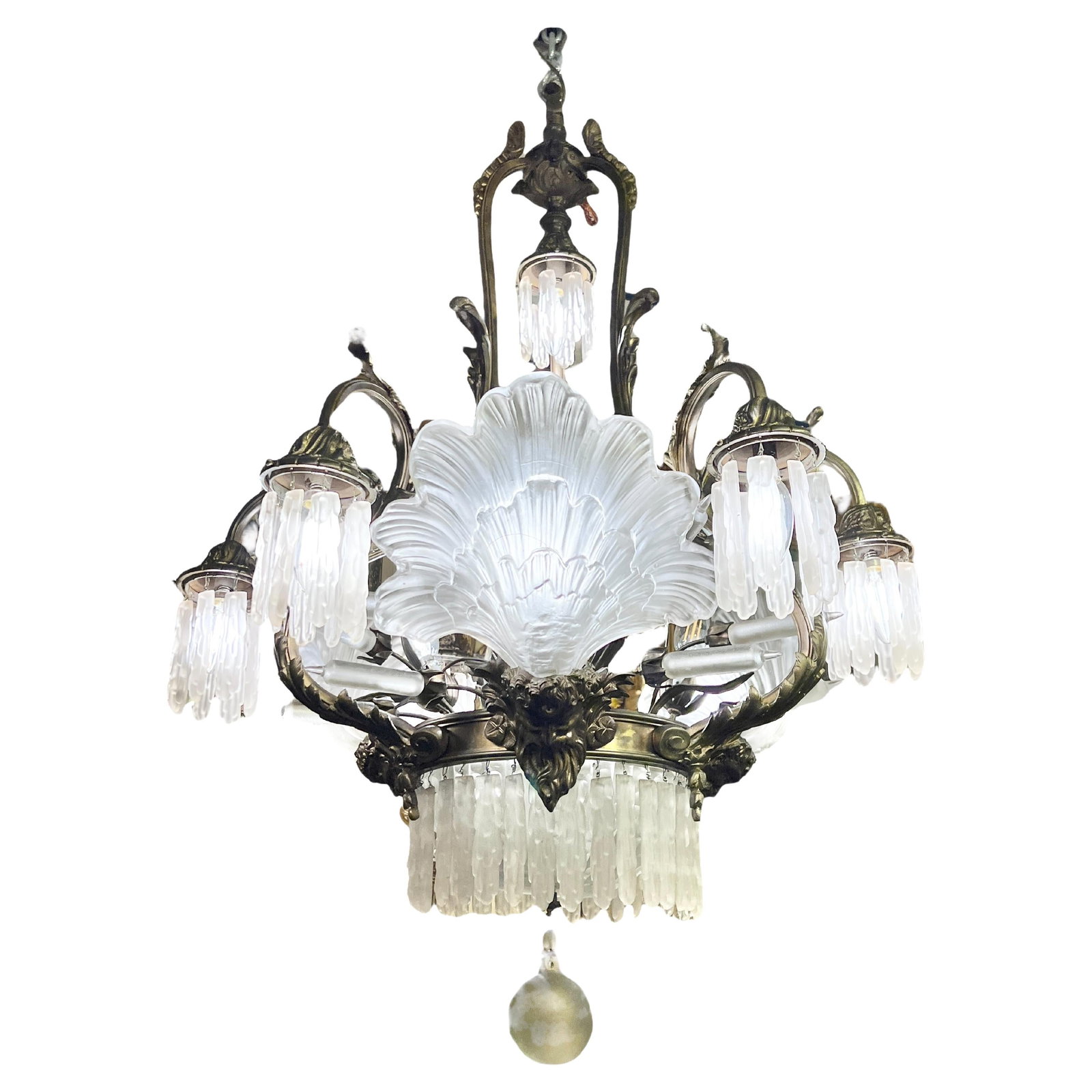 Neoclassical Bronze Chandelier with Frosted Glass Shell Shades c1910s (1 of 12)