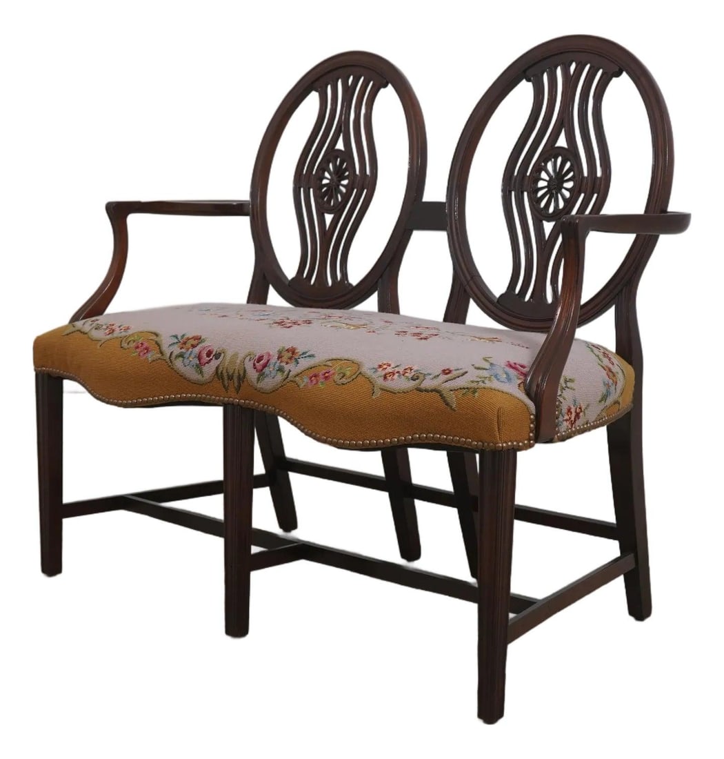 1920s Mahogany Settee with Handcrafted Needlepoint Floral Seat (1 of 10)