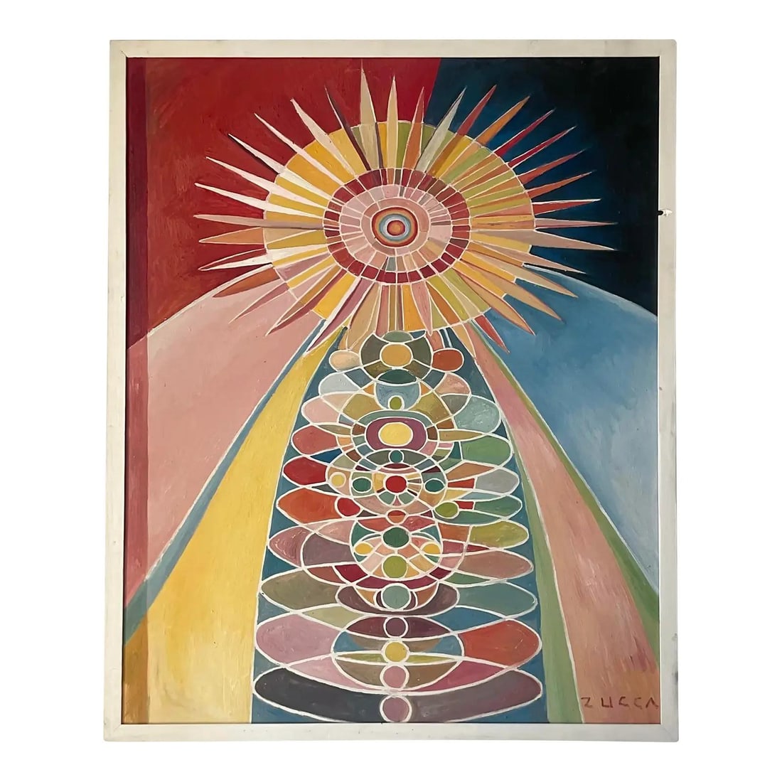 Signed Large Abstract Boho Oil Artwork on Board with Vibrant Sunburst Design (1 of 7)