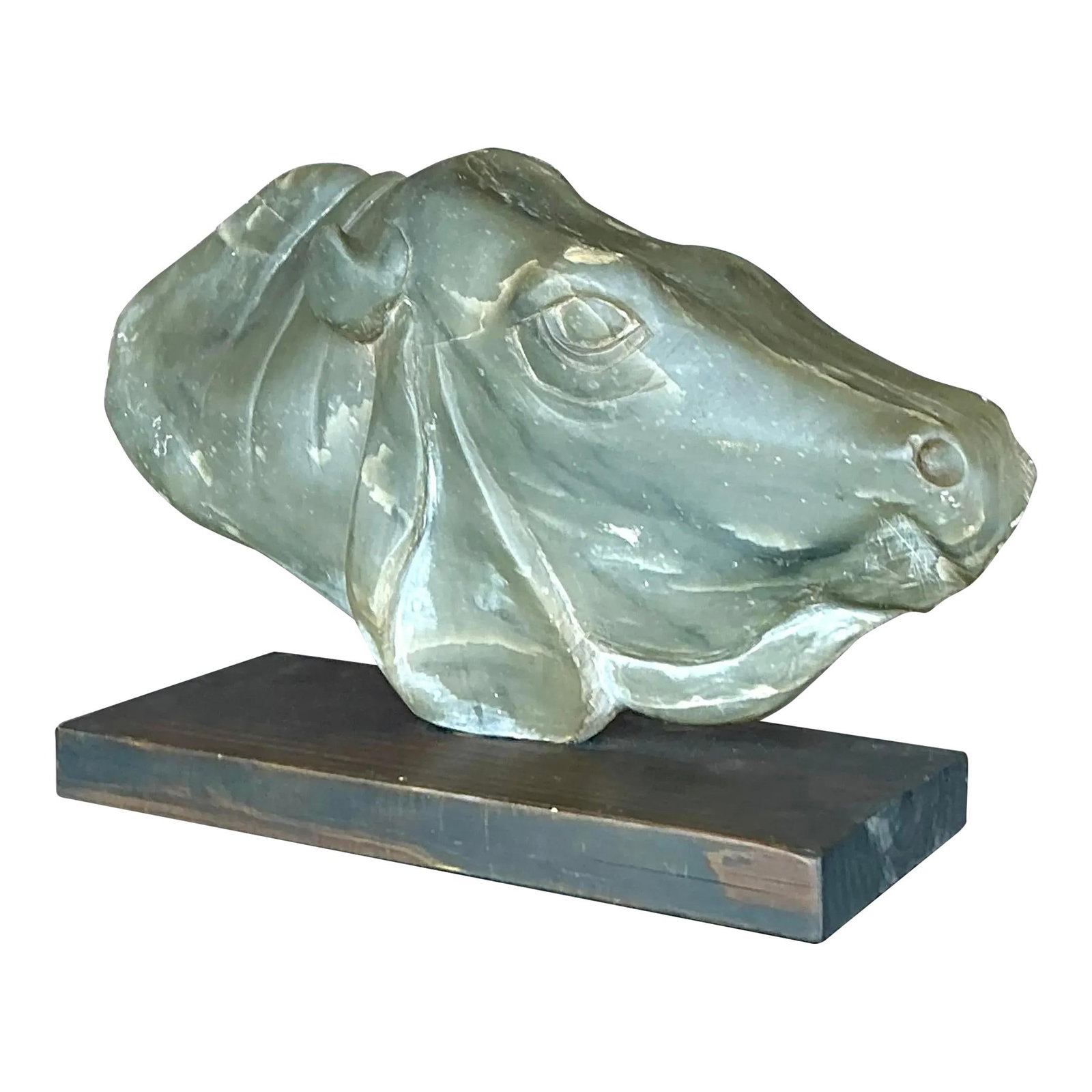 Late 20th Century Vintage Soapstone Cow Bust on Wood Plinth: Late 20th Century Vintage Soapstone Cow Bust on Wood Plinth Discover the enchanting allure of this vintage carved soapstone cow bust, a stunning representation of artisan craftsmanship. This artistic 