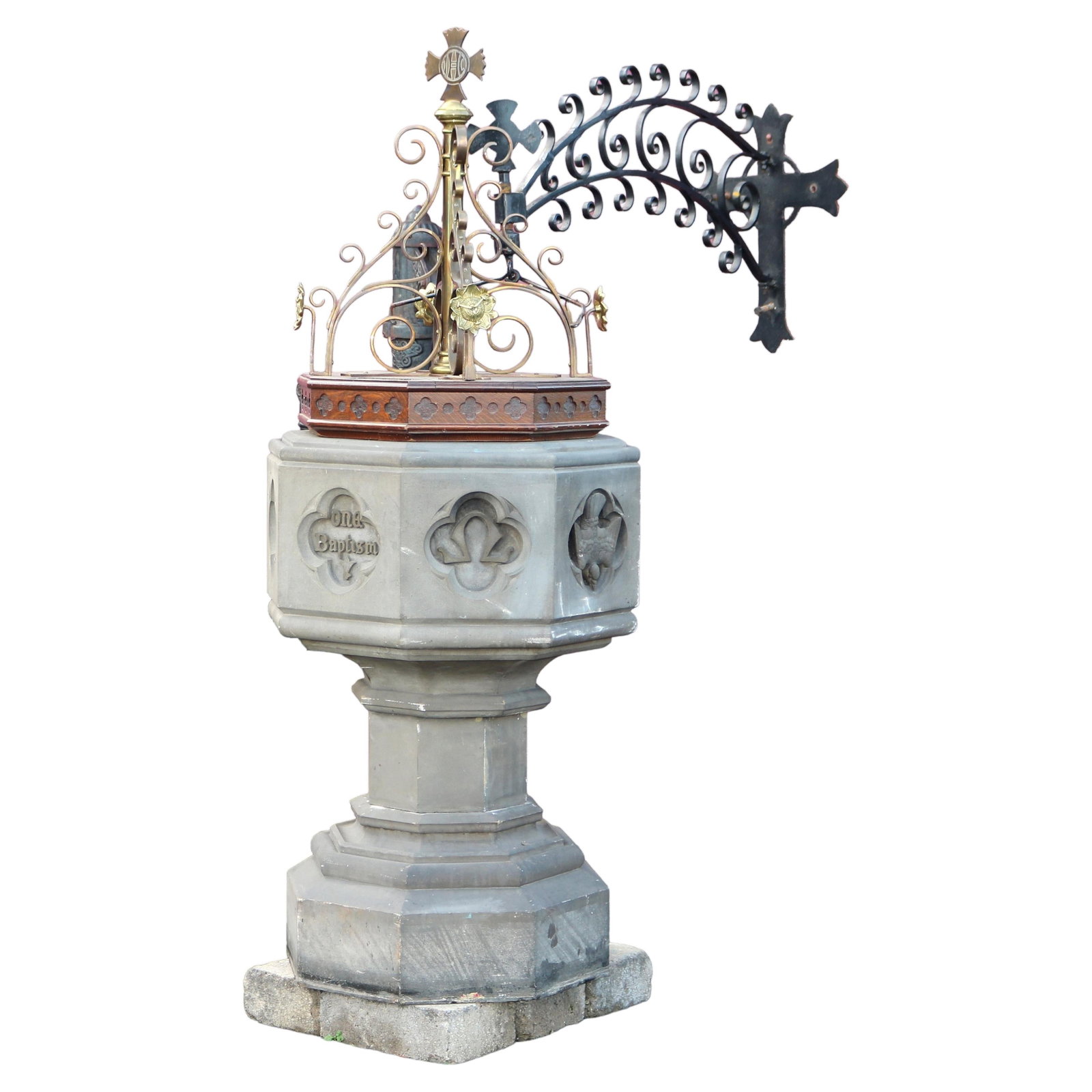 Gothic Revival 19th Century Hardstone and Brass Baptismal Font With Wrought Iron Boom (1 of 17)