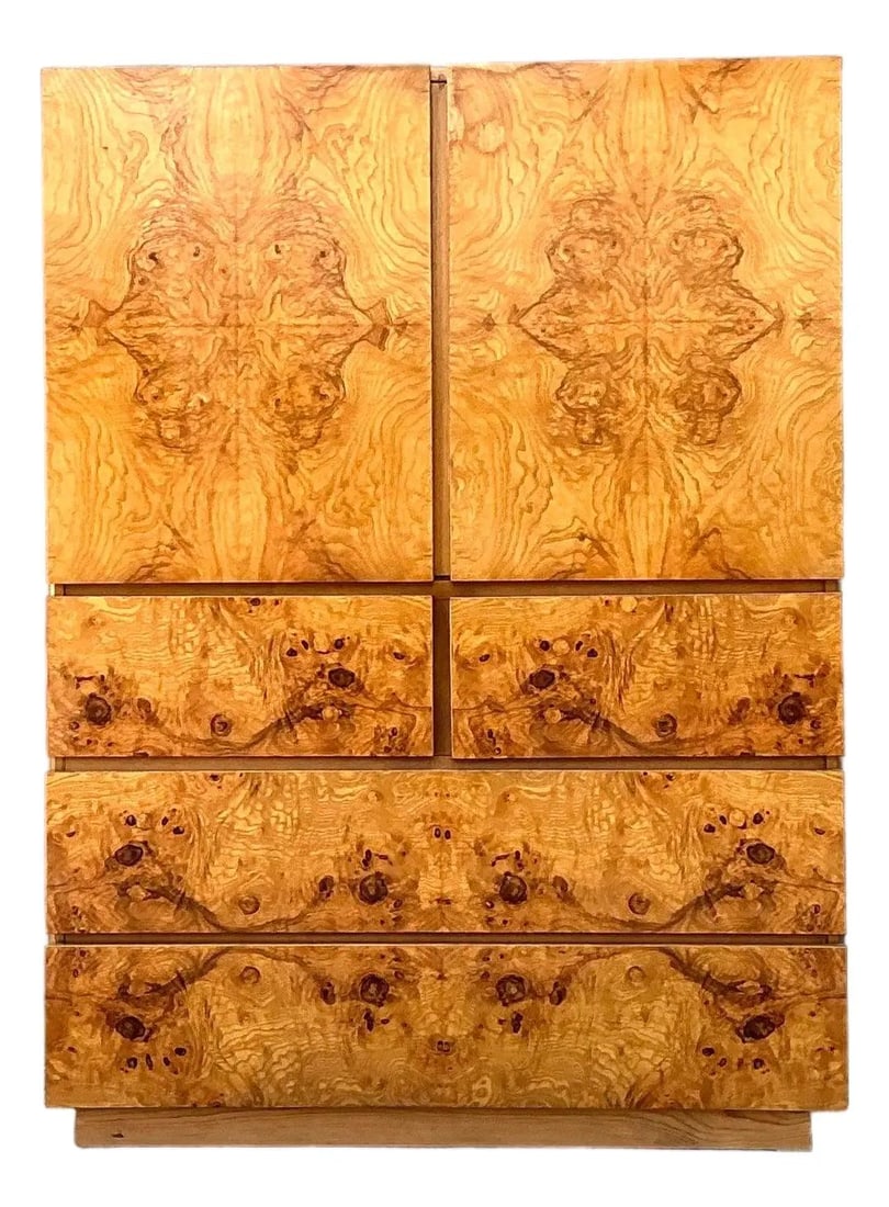 1970s Burl Veneer Tall Armoire Altavista Collection by Lane Furniture: 1970s Burl Veneer Tall Armoire Altavista Collection by Lane Furniture This vintage armoire from Lane Furniture's Altavista, Virginia collection showcases 1970s design with striking book-matched burl w