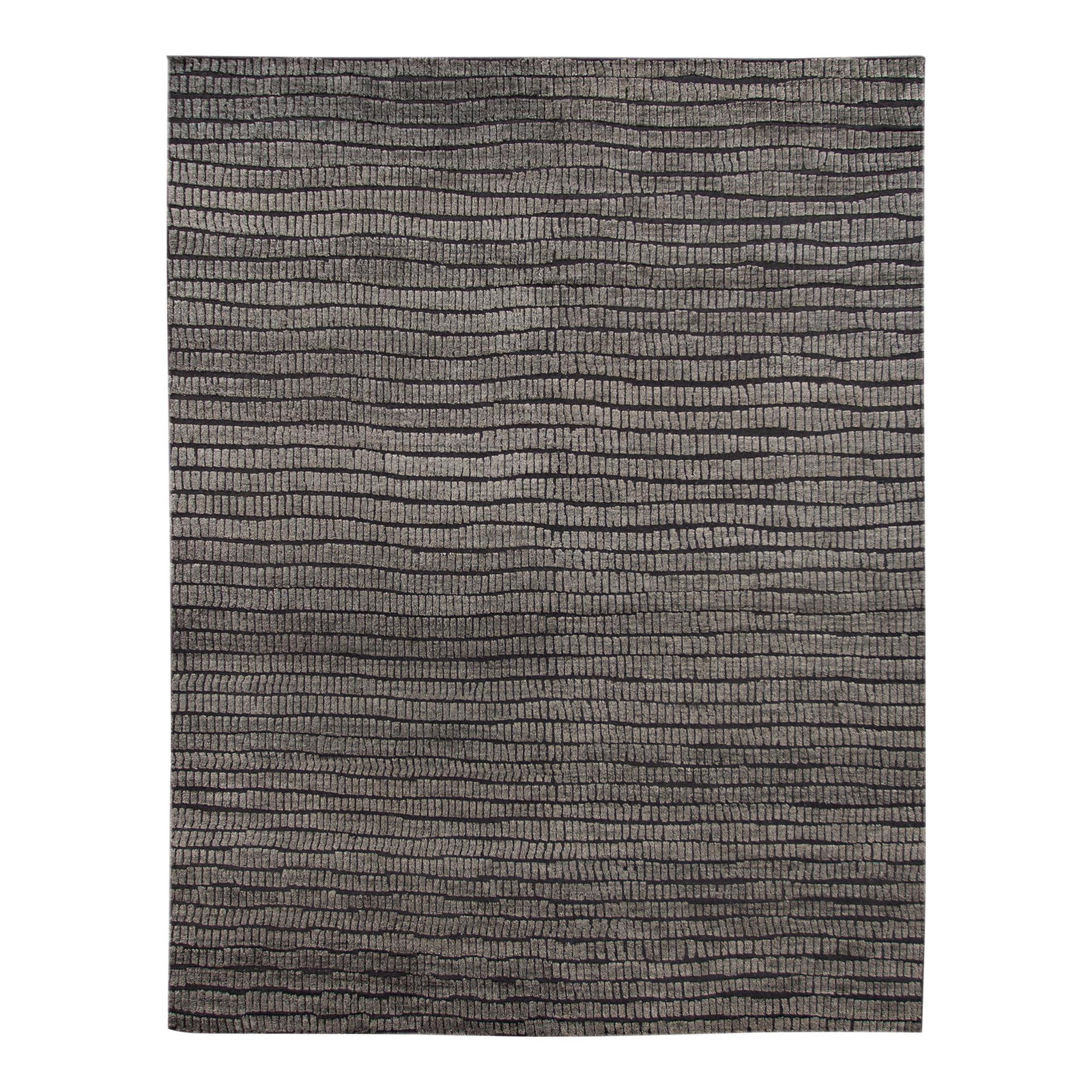 Contemporary Dark Grey Wool Rug 9' x 12' High Low Stripe: Contemporary Dark Grey Wool Rug 9' x 12' High Low Stripe Enhance your space with this contemporary textured wool rug, featuring a captivating high-low pile and a sophisticated all-over stripe pattern