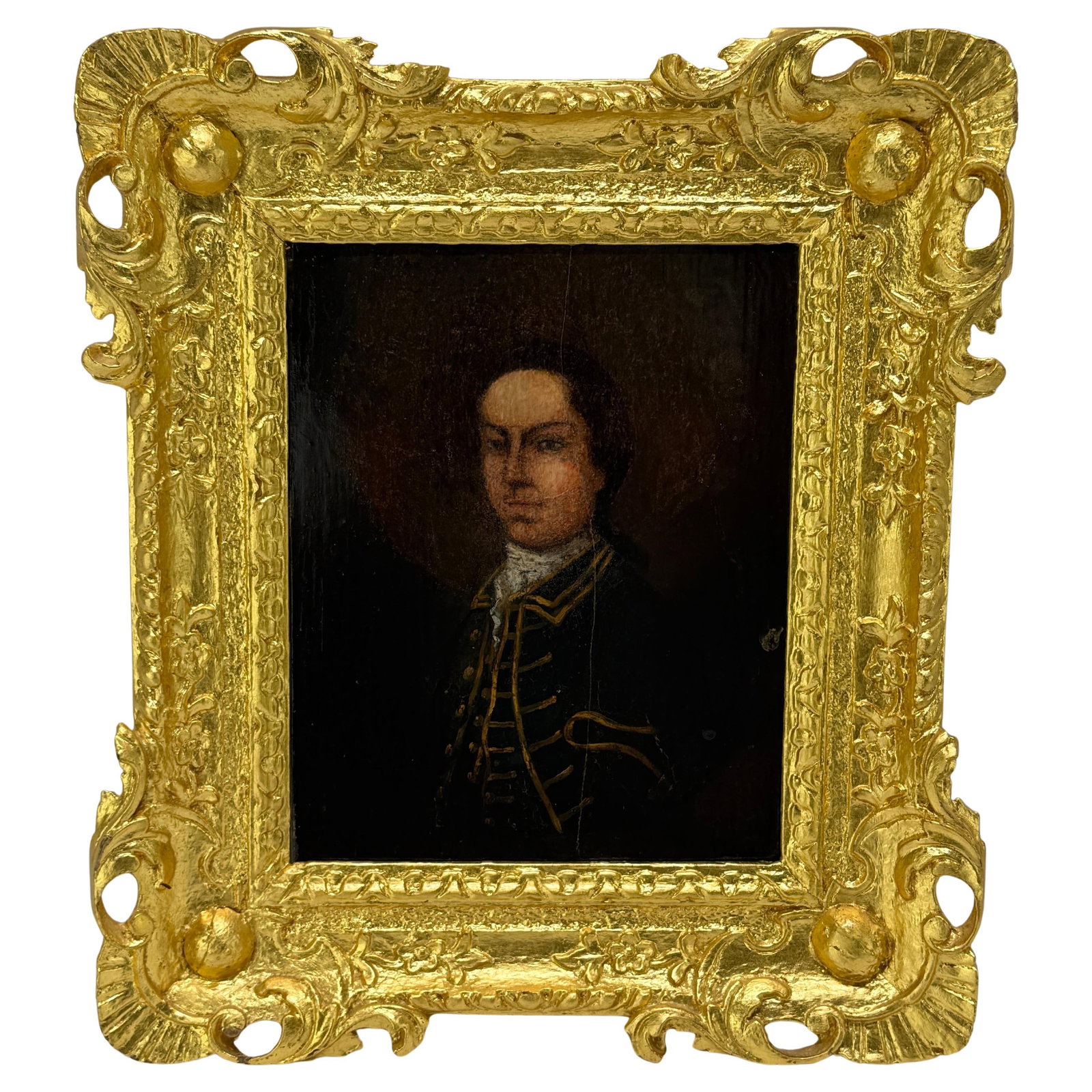 Mid-18th Century British Officer Portrait in Baroque Frame: Mid-18th Century British Officer Portrait in Baroque Frame This exquisite bust-length oil portrait, dating from the mid-18th century (circa 1750-1780), presents a young officer dressed in a dark,