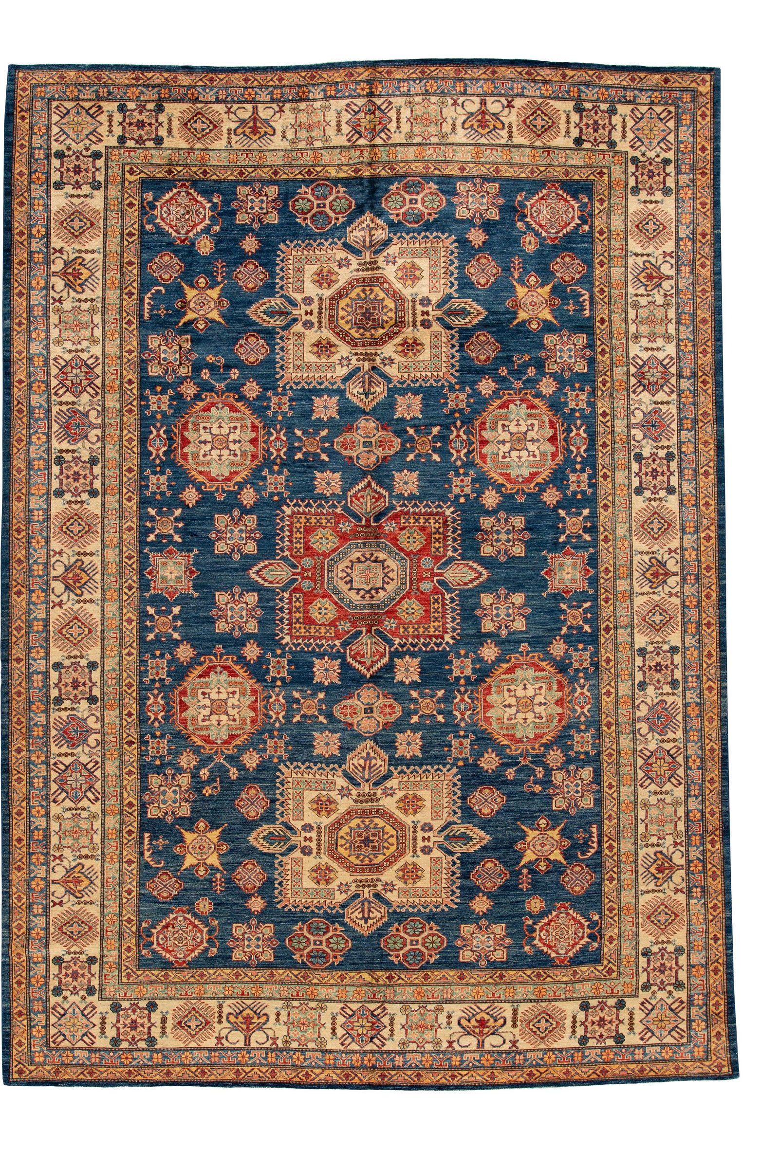Contemporary Kazak Wool Rug 8'10 x 12'5 Blue Geometric Design: Contemporary Kazak Wool Rug 8'10 x 12'5 Blue Geometric Design Enhance your space with this stunning modern Kazak wool rug, featuring a vibrant blue field adorned with multi-color accents and an intric