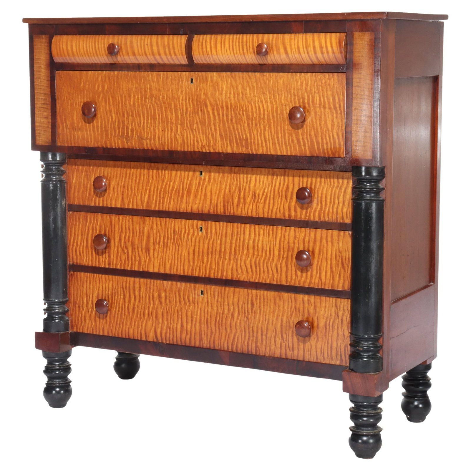 Antique American Empire Ebonized Cherry Tiger Maple 6 Drawer Chest c1840 (1 of 18)