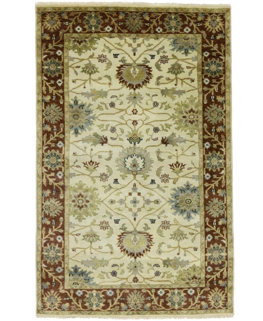 Handmade Modern Floral Rug 5'x8' Plush Wool Carpet for Home Decor: Handmade Modern Floral Rug 5'x8' Plush Wool Carpet for Home Decor Transform your living space with this Handmade Modern Rug featuring a classic floral design in a rich palette of rusty red, cream, and