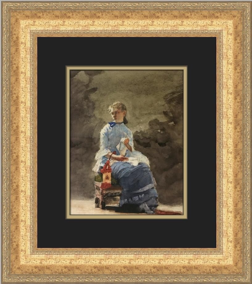 Winslow Homer Woman Sewing Custom Framed Offset Lithograph Print: Winslow Homer Woman Sewing Custom Framed Offset Lithograph Print This exquisite custom framed print by Winslow Homer features the captivating artwork titled "Woman Sewing." The piece showcases a blend