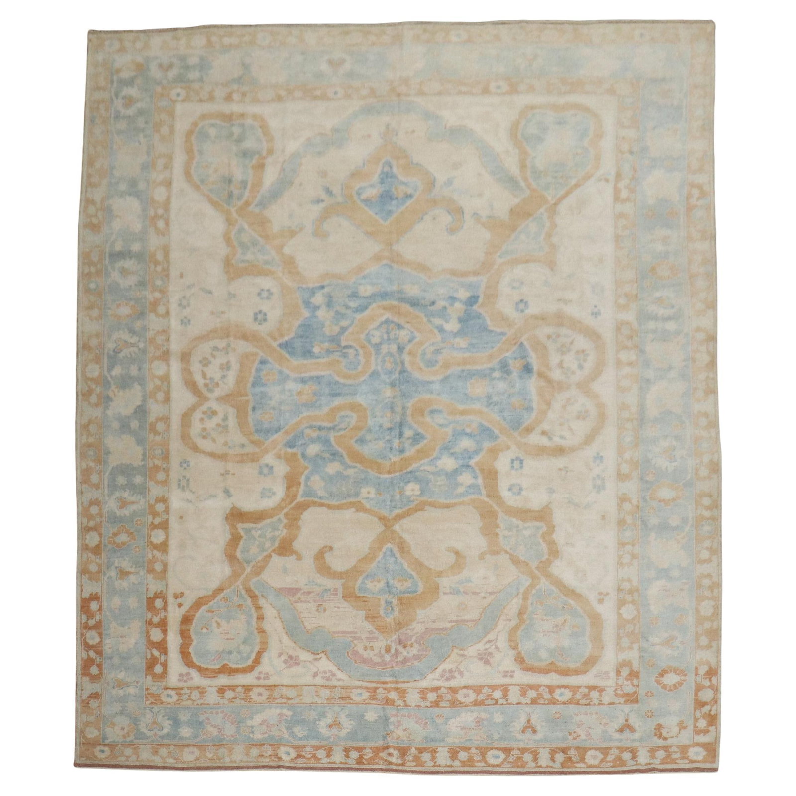 Zabihi Collection Vintage Turkish Hand-Knotted Wool Rug 10' x 12'6" Ivory Blue Bronze: Zabihi Collection Vintage Turkish Hand-Knotted Wool Rug 10' x 12'6" Ivory Blue Bronze Discover the elegance of this vintage Turkish room size rug, featuring a charming archaistic style. Crafted from h