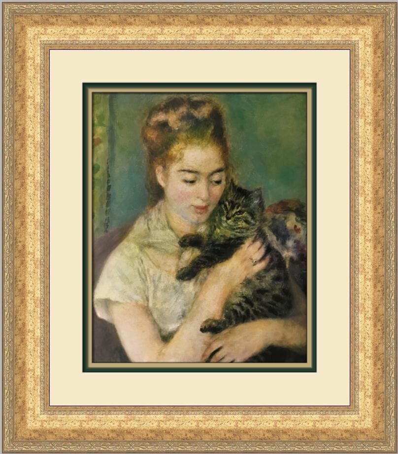 Pierre-Auguste Renoir Woman with a Cat Custom Framed Art Print 21 x 19: Pierre-Auguste Renoir Woman with a Cat Custom Framed Art Print 21 x 19 Enhance your art collection with this beautiful custom framed print of "Woman with a Cat" by renowned artist Pierre-Auguste Renoi