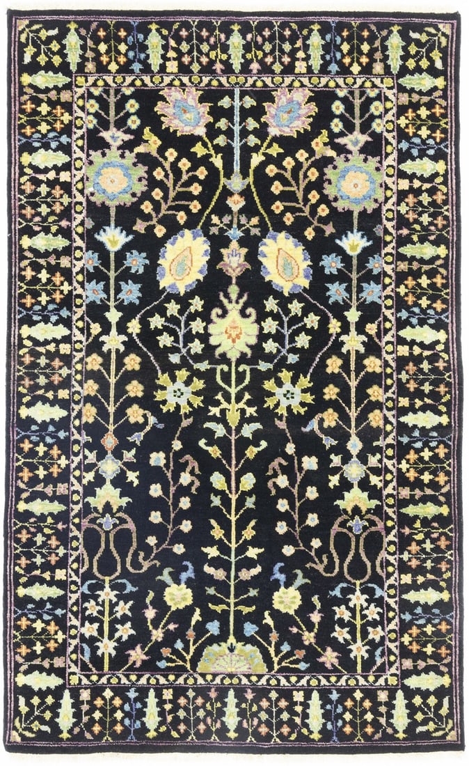 Hand-Knotted Black Floral Osh Chobi Wool Rug 3'8 x 5'11 Modern Design: Hand-Knotted Black Floral Osh Chobi Wool Rug 3'8 x 5'11 Modern Design Enhance your living space with this stunning hand-knotted black floral Osh Chobi rug, perfect for a modern farmhouse decor. Crafte