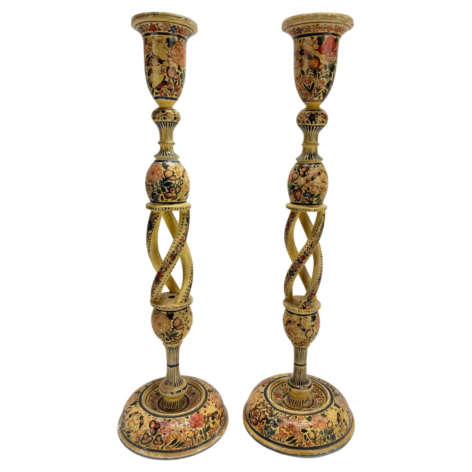 Set of 2 Antique Hand-Painted Kashmiri Candlesticks 20 in (1 of 9)