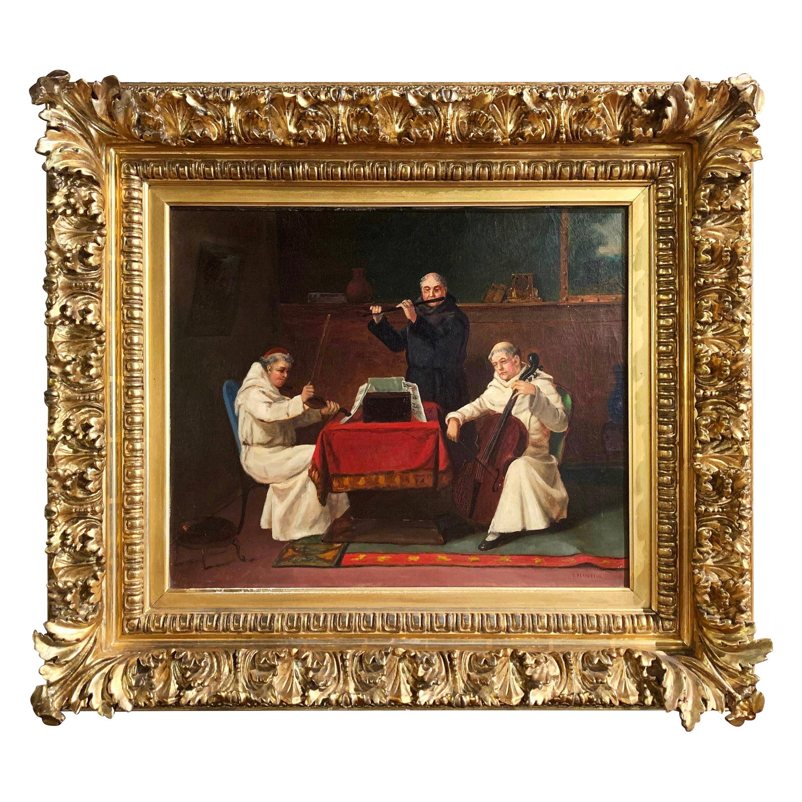 19th Century Oil Painting A Heavenly Recital by J Bernstein Monks Music Scene: 19th Century Oil Painting A Heavenly Recital by J Bernstein Monks Music Scene This stunning late 19th-century oil on canvas painting, titled "A Heavenly Recital," was created in Germany around 1880 by